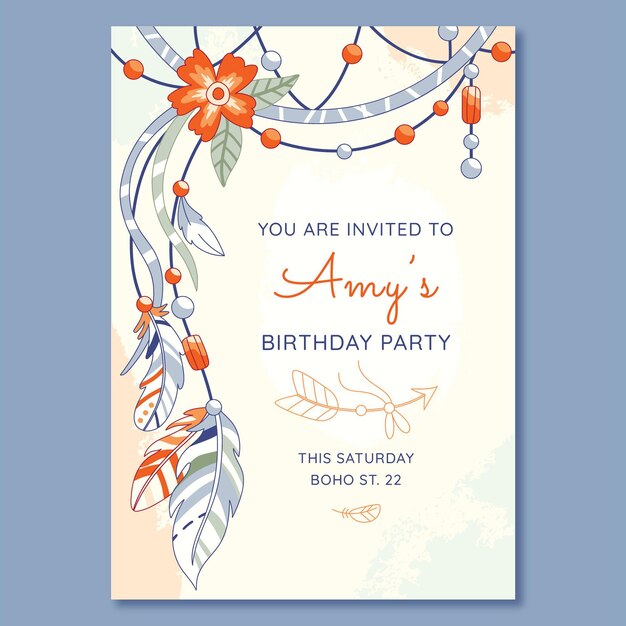 Plantilla de invitación de cumpleaños boho dibujada a mano