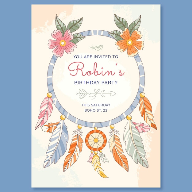 Plantilla de invitación de cumpleaños boho dibujada a mano