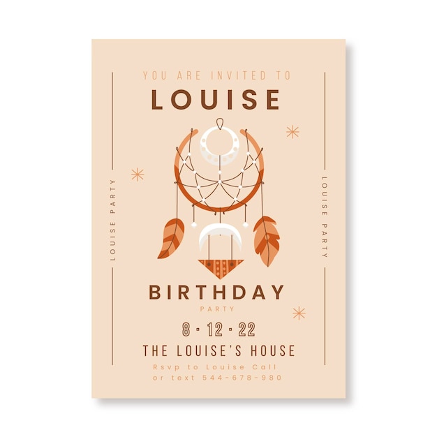 Plantilla de invitación de cumpleaños boho dibujada a mano