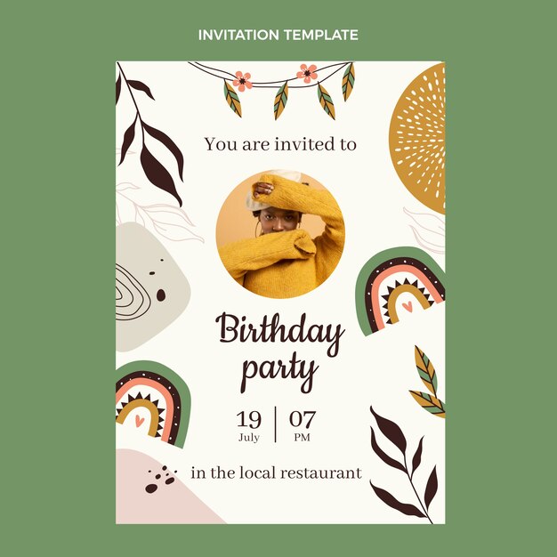 Plantilla de invitación de cumpleaños boho dibujada a mano