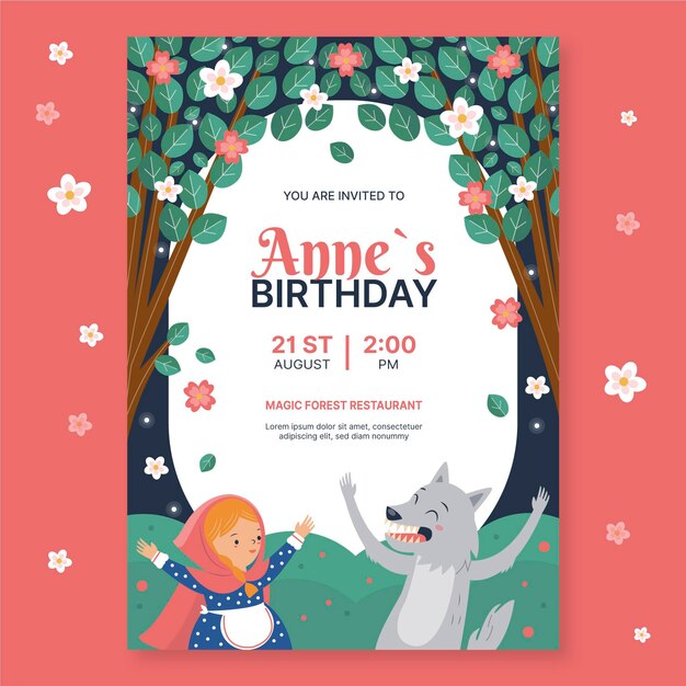 Plantilla de invitación de cumpleaños de caperucita roja plana