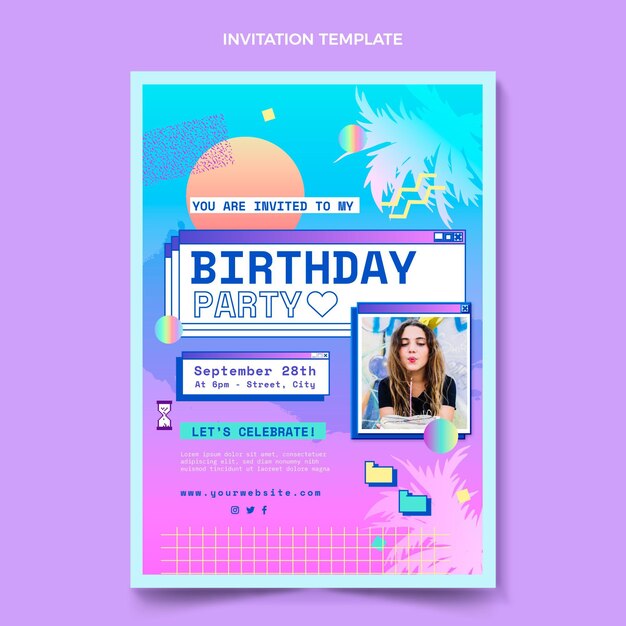 Plantilla de invitación de cumpleaños degradado retro vaporwave