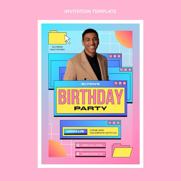 Vector gratuito plantilla de invitación de cumpleaños degradado retro vaporwave