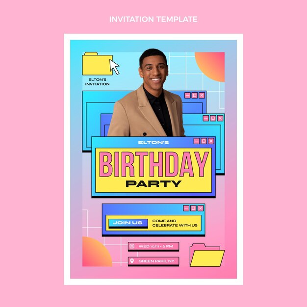 Plantilla de invitación de cumpleaños degradado retro vaporwave
