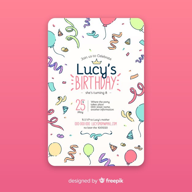 Plantilla de invitación de cumpleaños dibujada a mano