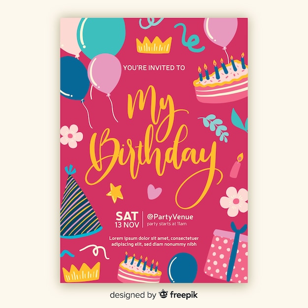 Plantilla de invitación de cumpleaños dibujada a mano