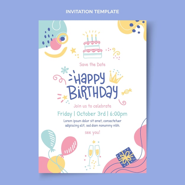 Plantilla de invitación de cumpleaños dibujada a mano