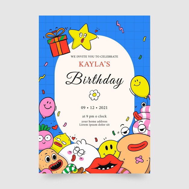 Plantilla de invitación de cumpleaños de dibujos animados de moda dibujada a mano