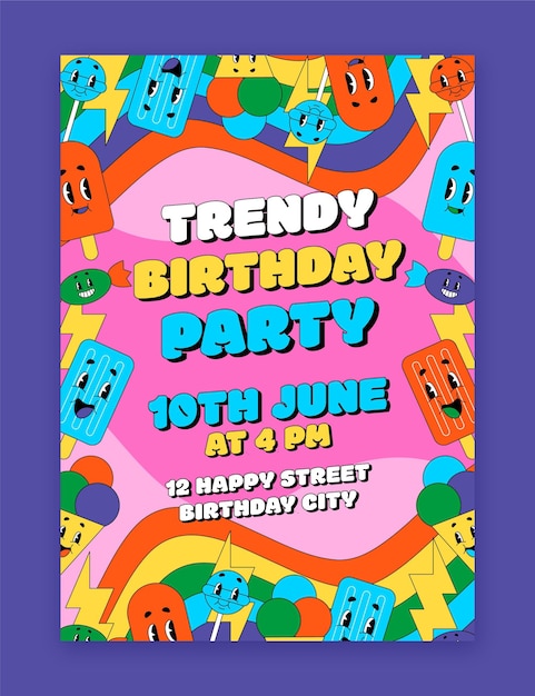 Plantilla de invitación de cumpleaños de dibujos animados de moda dibujada a mano