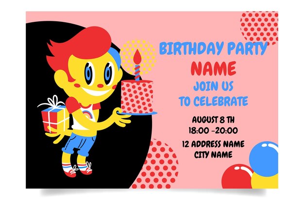 Plantilla de invitación de cumpleaños de dibujos animados de moda dibujada a mano