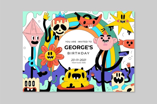 Plantilla de invitación de cumpleaños de dibujos animados de moda dibujada a mano