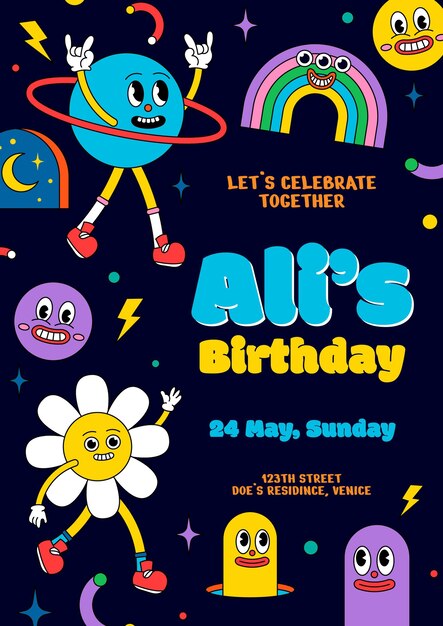 Plantilla de invitación de cumpleaños de dibujos animados de moda dibujada a mano