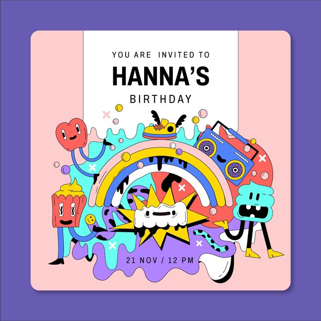 Plantilla de invitación de cumpleaños de dibujos animados de moda plana dibujada a mano