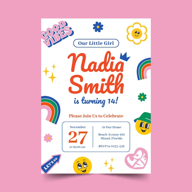 Plantilla de invitación de cumpleaños de dibujos animados de moda plana dibujada a mano