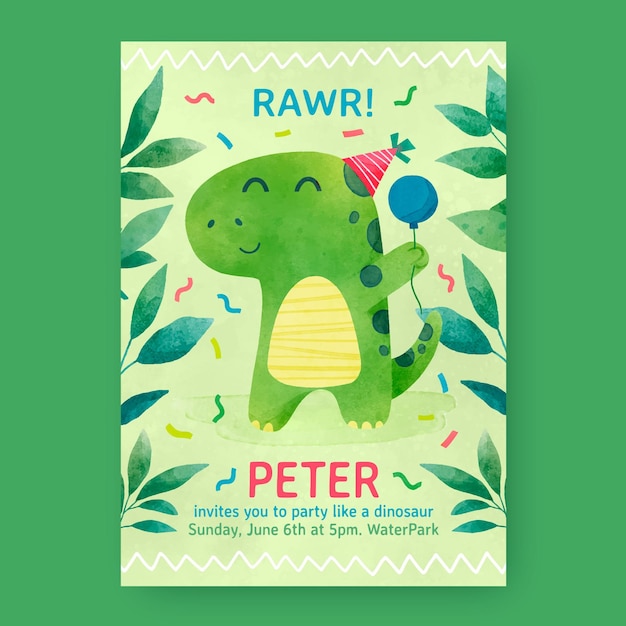 Plantilla de invitación de cumpleaños de dinosaurio acuarela pintada a mano