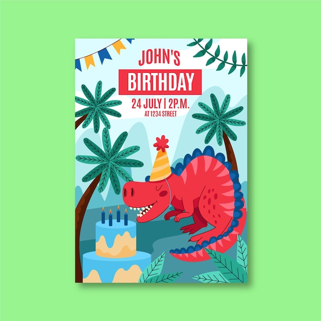 Plantilla de invitación de cumpleaños de dinosaurio dibujado a mano