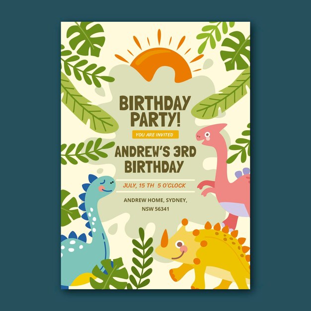 Plantilla de invitación de cumpleaños de dinosaurio dibujado a mano