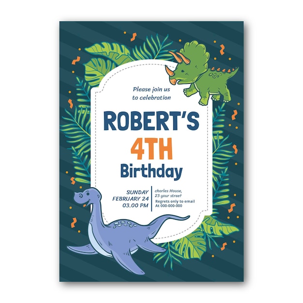 Plantilla de invitación de cumpleaños de dinosaurio de dibujos animados