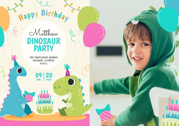 Plantilla de invitación de cumpleaños de dinosaurio plano con foto