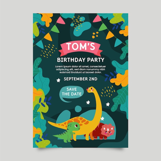 Plantilla de invitación de cumpleaños de dinosaurio plano orgánico