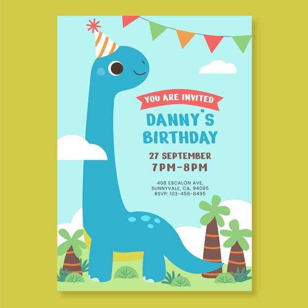 Plantilla de invitación de cumpleaños de dinosaurio plano
