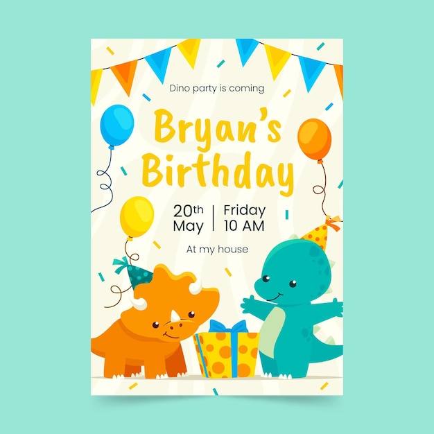 Plantilla de invitación de cumpleaños de dinosaurio plano