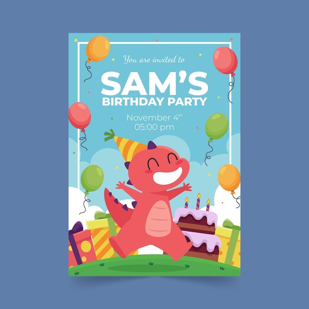 Plantilla de invitación de cumpleaños de dinosaurio plano