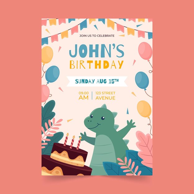 Plantilla de invitación de cumpleaños de dinosaurio plano