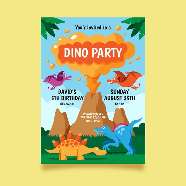 Plantilla de invitación de cumpleaños de dinosaurio plano