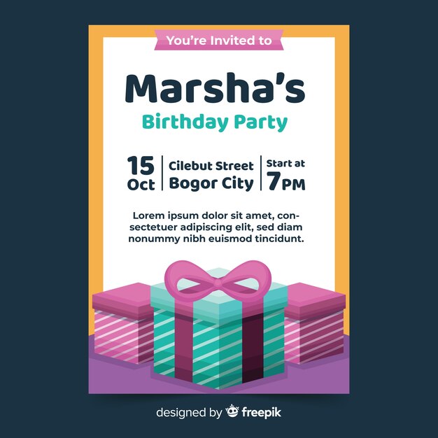 Plantilla de invitación de cumpleaños de diseño plano con regalos