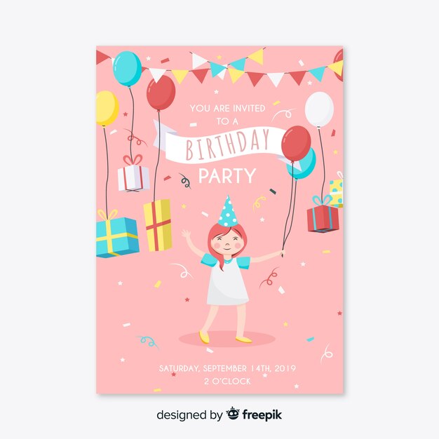 Plantilla de invitación de cumpleaños en diseño plano