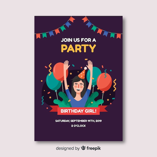 Vector gratuito plantilla de invitación de cumpleaños en diseño plano