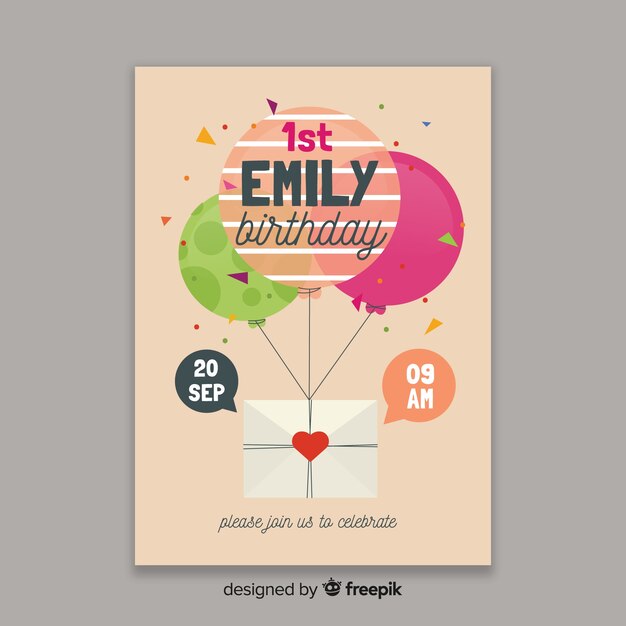 Plantilla de invitación de cumpleaños en diseño plano