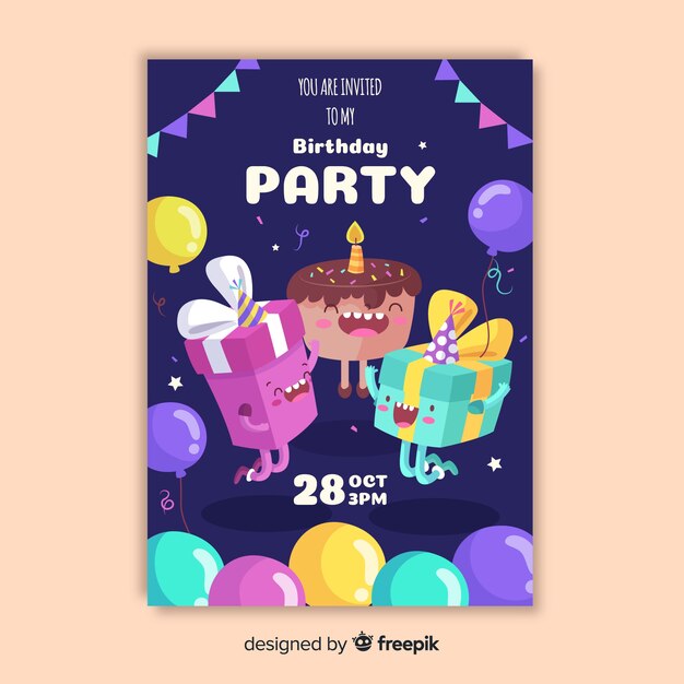 Plantilla de invitación de cumpleaños en diseño plano