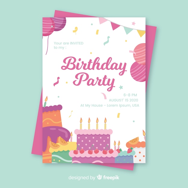 Plantilla de invitación de cumpleaños en diseño plano