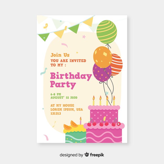 Plantilla de invitación de cumpleaños en diseño plano