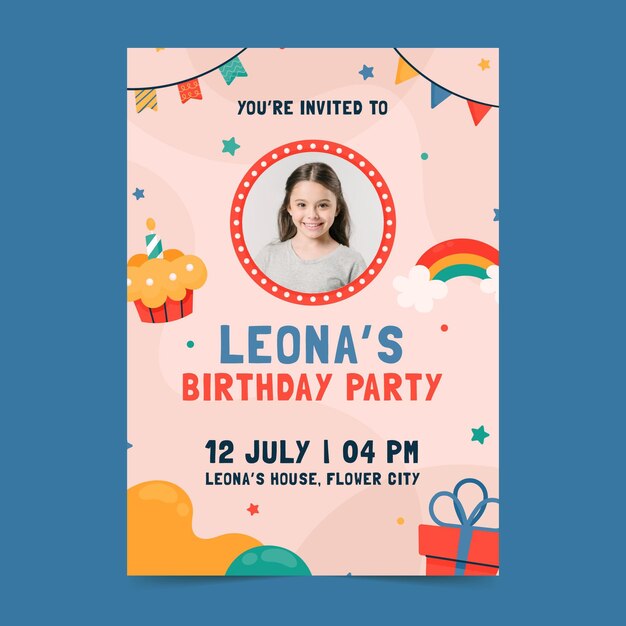 Plantilla de invitación de cumpleaños de diseño plano