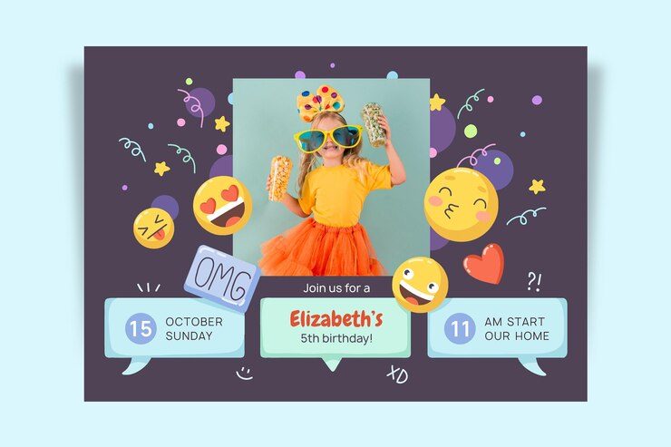 Vector gratuito plantilla de invitación de cumpleaños emoji dibujada a mano con foto