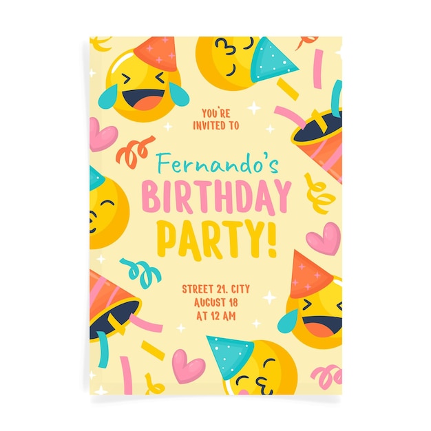 Plantilla de invitación de cumpleaños emoji dibujada a mano