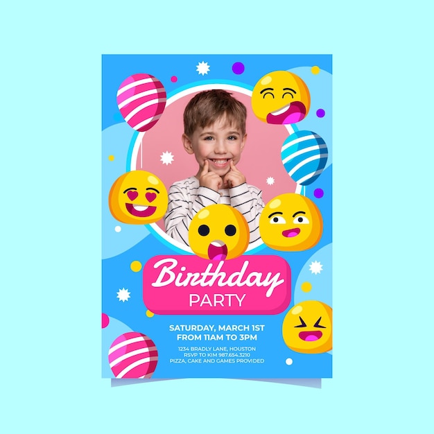 Plantilla de invitación de cumpleaños de emoji de dibujos animados con foto