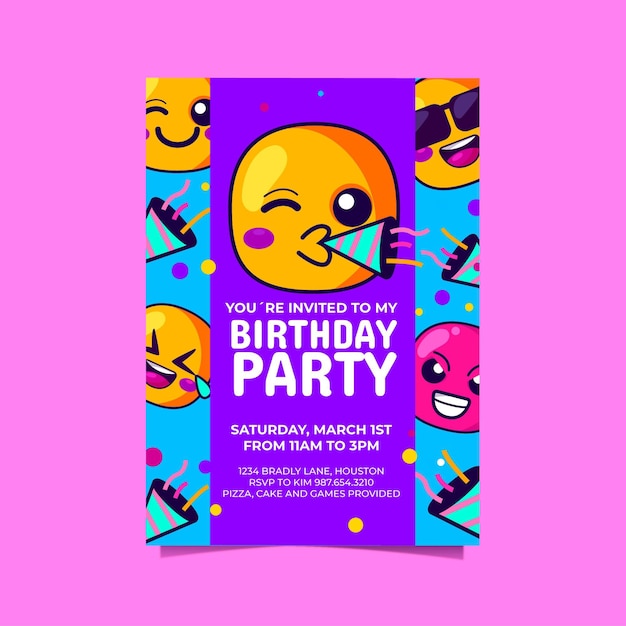 Plantilla de invitación de cumpleaños de emoji de dibujos animados