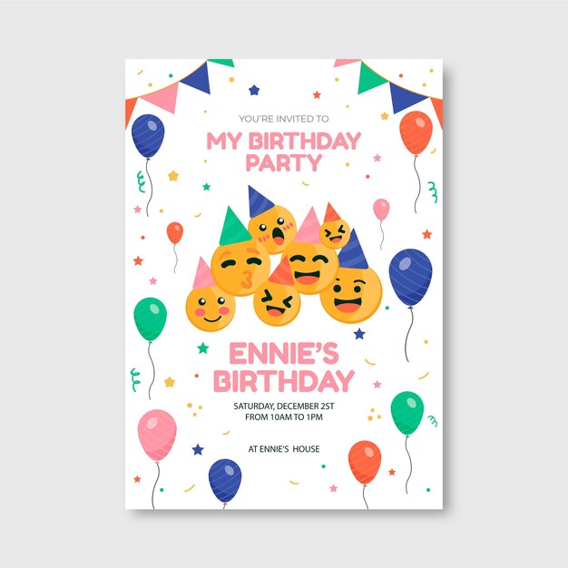 Plantilla de invitación de cumpleaños de emoji plano