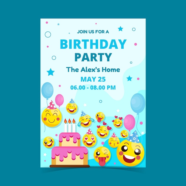 Plantilla de invitación de cumpleaños de emoji plano