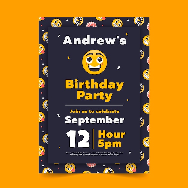Vector gratuito plantilla de invitación de cumpleaños de emoji plano