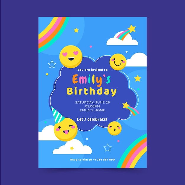 Plantilla de invitación de cumpleaños de emoji plano