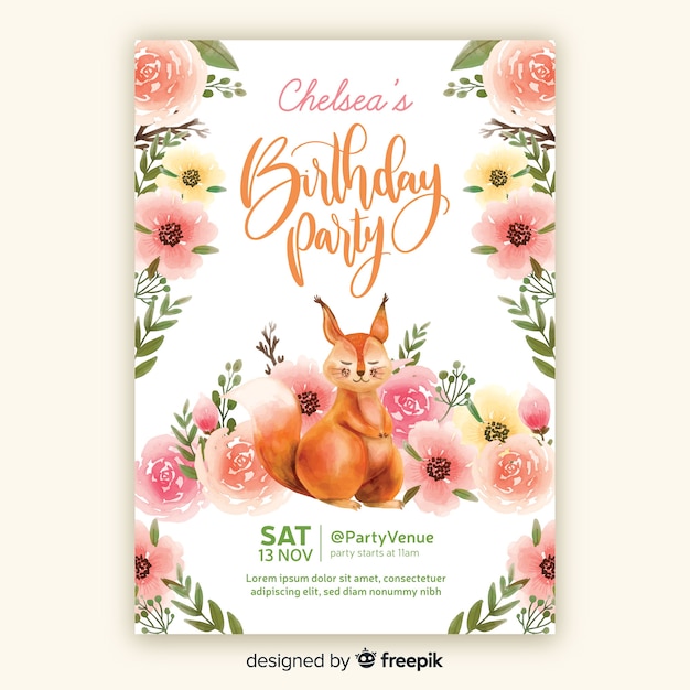 Plantilla de invitación de cumpleaños estilo acuarela