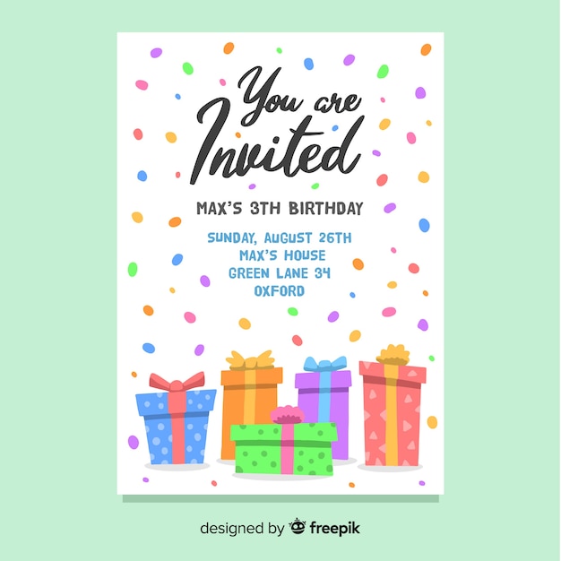 Vector gratuito plantilla de invitación de cumpleaños en estilo dibujado a mano