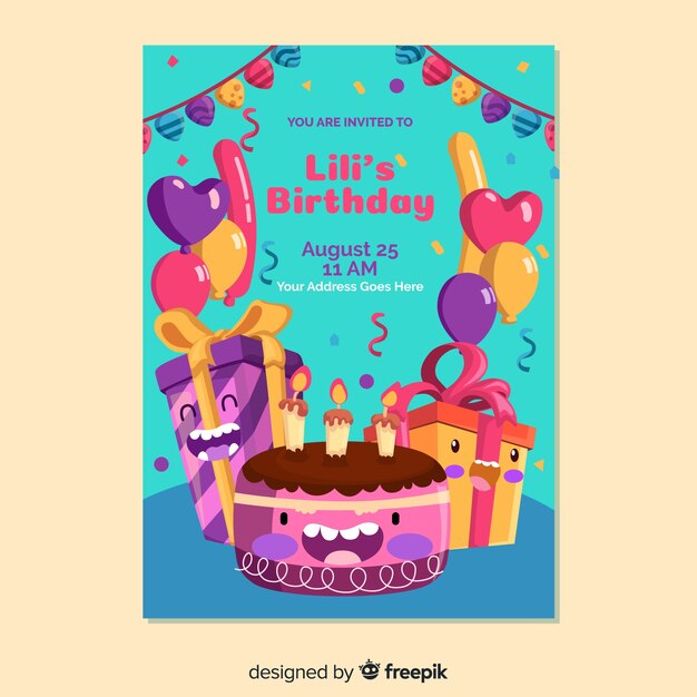 Plantilla de invitación de cumpleaños en estilo plano