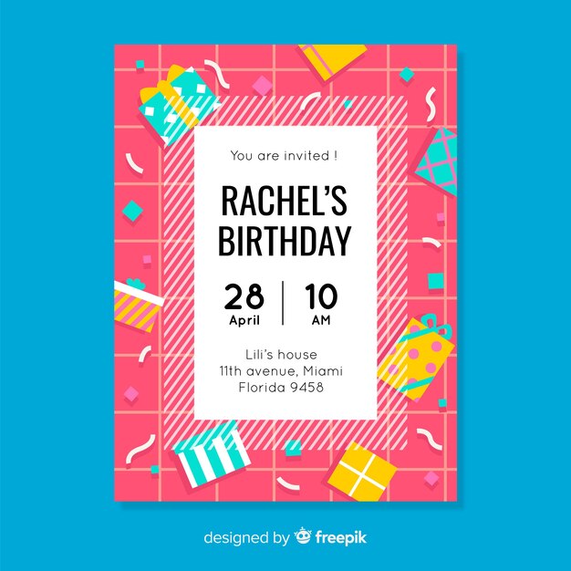 Plantilla de invitación de cumpleaños en estilo plano