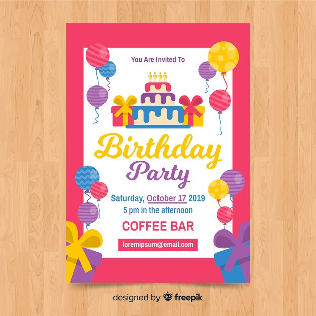Plantilla de invitación de cumpleaños en estilo plano